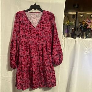 Pink and Black Patterned V-Neck Dress